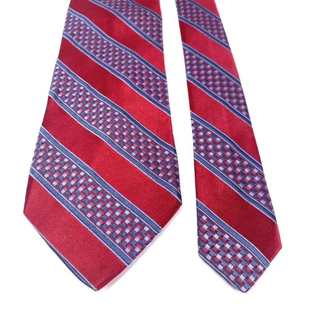 Faconnable Mens Tie Red Geometric Striped‎ Repp Design 100% Silk XL